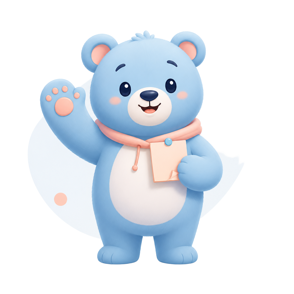 Elmer, a friendly blue AI bear holding a reminder note and waving
